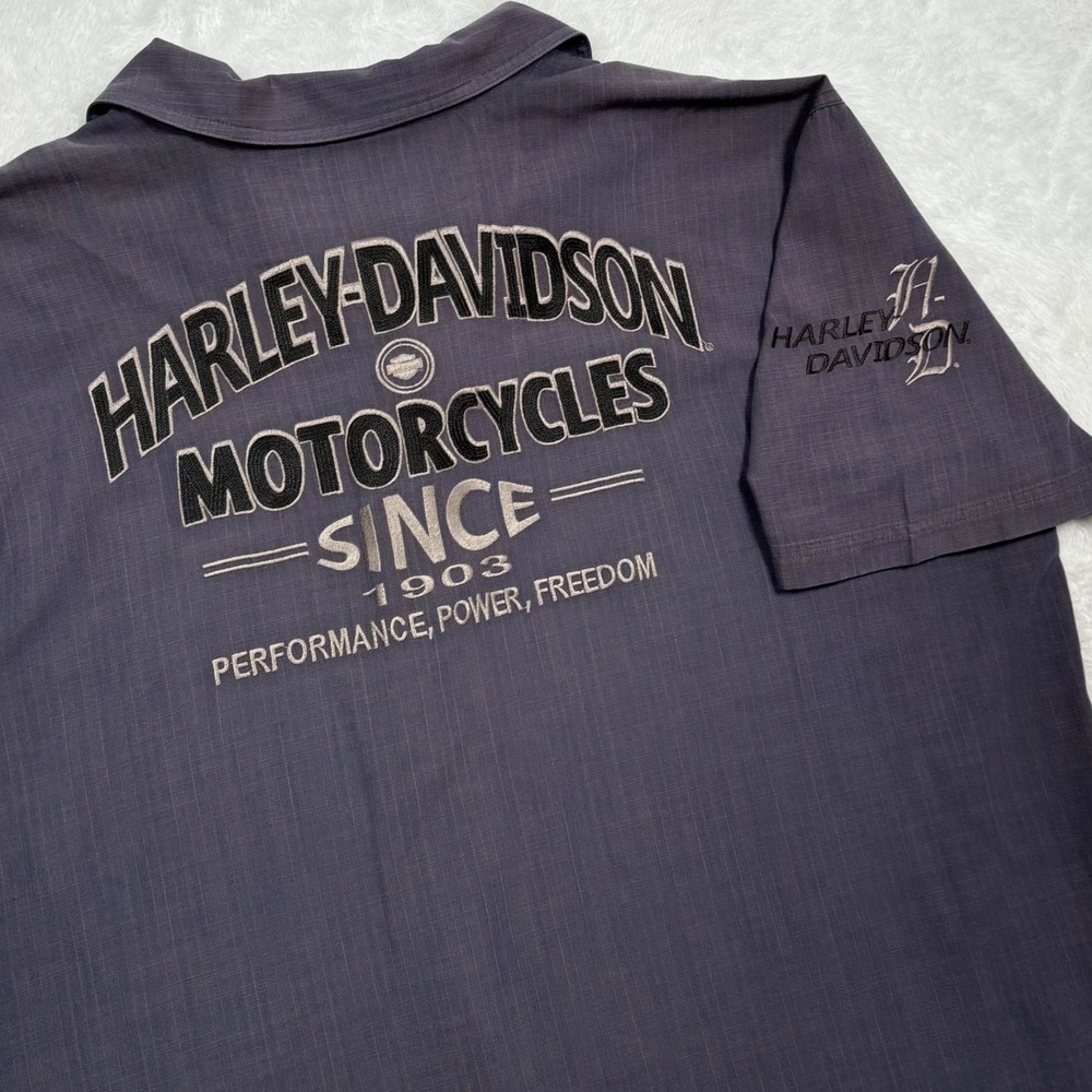 Y2K Harley-Davidson Button Shirt Men 2XL Gray Blue Mechanic Spellout Short Slv - Picture 9 of 16